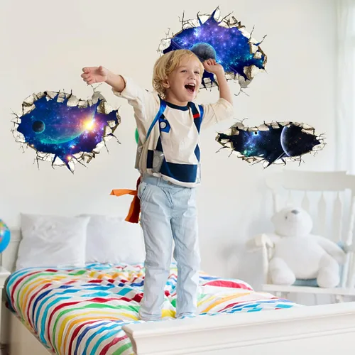 Miniatura 5 de SUPERDANT 3 calcomanías 3D para decoración de pared, espacio roto, galaxia, planeta, murales de pared, papel tapiz de vinilo para decoración