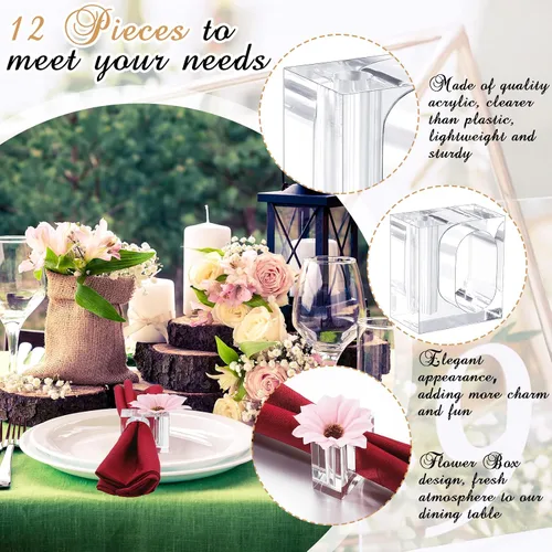 Miniatura 3 de Meanplan 12 servilleteros de flores de acrílico transparente, juego de floreros cuadrados a granel para bodas, decoración de mesa de banquetes