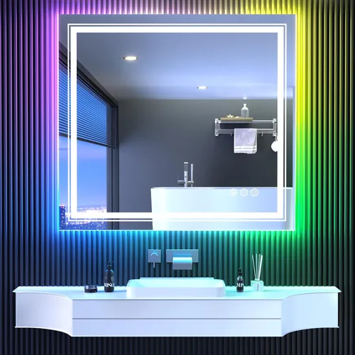 Miniatura 29 de Snowdool Espejo LED de baño, 32 x 32 pulgadas con luz frontal y retroiluminada, antivaho, espejo de tocador de baño para pared, función de memoria