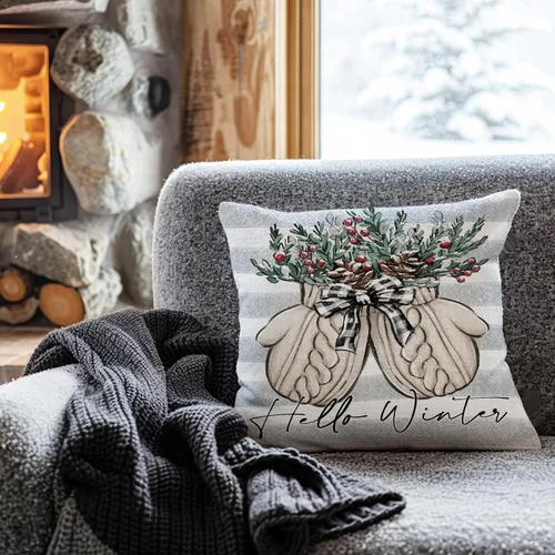 Miniatura 6 de Hello Winter Mitten - Funda de almohada decorativa gris de 16 x 16 pulgadas, guante, bayas rojas, rayas grises, porche, decoración del hogar al aire