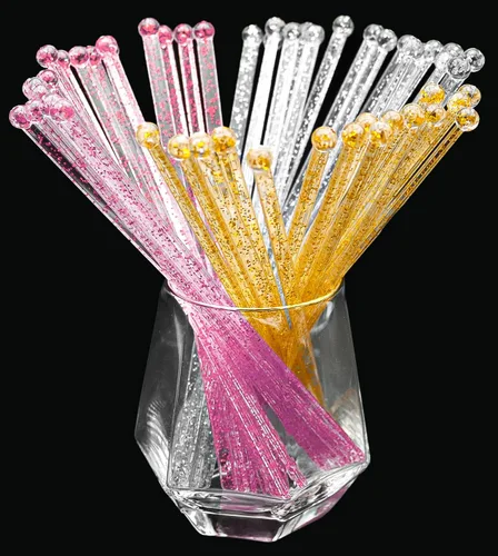 Miniatura 14 de hapray 50 palitos de plástico con purpurina dorada, paletas de pastel de cristal, agitadores de bebidas de café, palitos de piruleta para fiesta