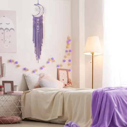 Miniatura 8 de Colgante de pared tejido de macramé bohemio para niña, atrapasueños de luna creciente y estrella de ganchillo con luz, algodón morado, hecho a mano