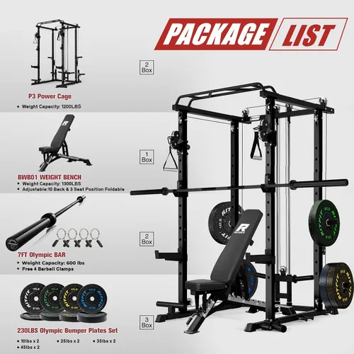 Miniatura 3 de RitFit El paquete multifunción de garaje y gimnasio en casa incluye jaula de potencia de 1200 libras PPC03/P3 con sistema de cruce de cables, banco