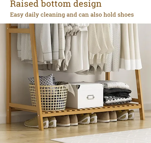 Miniatura 8 de Perchero de bambú para ropa, con estantes de almacenamiento y ganchos, organizador de almacenamiento de ropa abierto para entrada, dormitorio, sala