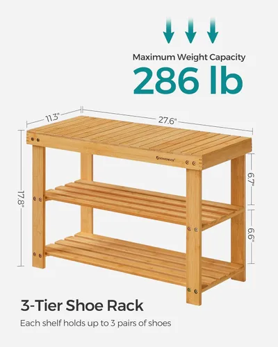 Miniatura 5 de SONGMICS Banco Estante para Zapatos, Organizador de Almacenamiento de Zapatos de Bambú de 3 Niveles, Banco de Entrada, Soporta Hasta 286 lb, 11.3 x