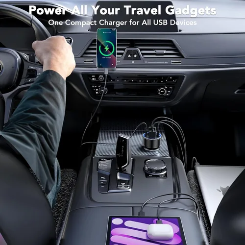 Miniatura 6 de Cargador de coche USB C de carga rápida, 4 puertos 78 W cargador de teléfono de coche de metal con voltímetro, 2 USB-C y 2 USB-A 12 V-24 V cargador