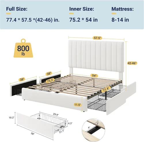 Miniatura 2 de Allewie Base de cama de almacenamiento tamaño completo, cabecera ajustable con canal vertical acolchado, plataforma tapizada de terciopelo con 4