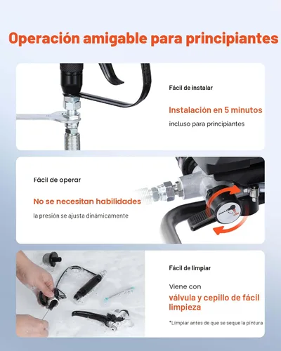 Miniatura 5 de VEVOR Pulverizador de pintura sin aire, 650 W, 3000 PSI de alta presión sin aire con carro, cepillo de limpieza, manguera, barra de extensión