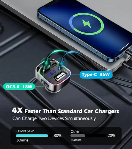 Miniatura 3 de LIHAN Adaptador de coche Bluetooth 5.4 para automóviles antiguos, transmisor FM de carga rápida PD de 54 W, llamadas manos libres, GPS transparente