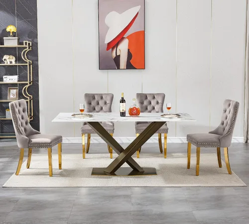Miniatura 3 de Juego de mesa de comedor de mármol blanco de lujo para 4, 70 pulgadas, mesa de comedor de mármol blanco con 4 sillas de terciopelo gris y base