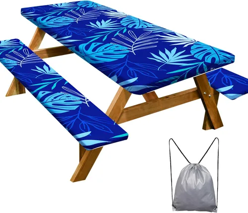 Miniatura 25 de Funda de mesa de picnic con fundas para bancos Esenciales de camping Mantel de picnic impermeable y a prueba de viento con bolsa de cordón, funda