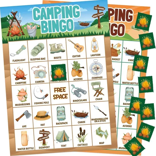 Fancy Land Juego de bingo de camping para niños 24 jugadores al aire libre fiesta campamento actividades de aventura suministro