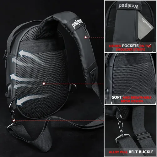 Miniatura 7 de Wzsipod Bolso cruzado de carcasa dura para hombre, mochila impermeable para mujer, mochila de pecho para senderismo casual con puerto de carga USB
