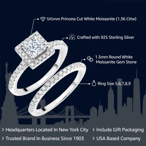Miniatura 2 de 925 Sterling Silver Halo Bridal Ring Band Set for Women 5MM Princess Cut Gemstone Birthstone with Round White Moissanite Accents Wedding