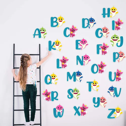 Miniatura 7 de BBY Shrk A-Z - Adhesivo decorativo para pared, diseño colorido de caricaturas con letras con iconos del océano, suministros educativos divertidos