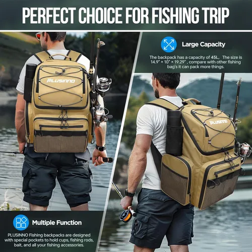 Miniatura 7 de PLUSINNO - Mochila de pesca con portacañas y enfriador de 45L, mochila grande resistente al agua para aparejos de pesca, ideal para guardar