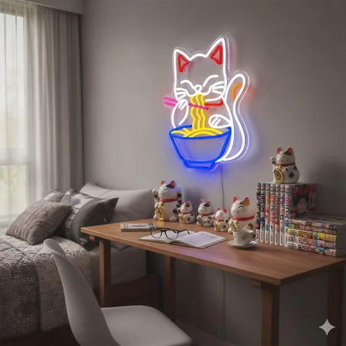 Miniatura 3 de Letrero de neón de gato de la fortuna Ramen, letrero de neón LED de gato de la suerte japonés regulable para decoración de pared, alimentado por USB