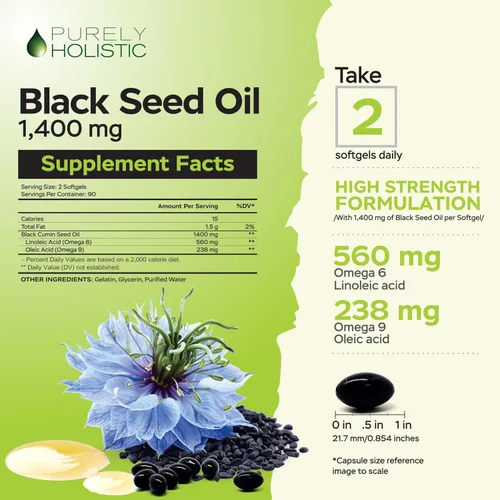 Miniatura 3 de Purely Holistic Cápsulas de aceite de semilla negra de 1400 mg, 180 cápsulas blandas, suministro de 3 meses - Nigella sativa prensada en frío, rica