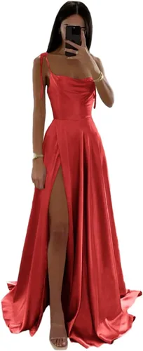 Smileven Vestido de fiesta de satén con tirantes delgados para mujer, longitud hasta el suelo, vestidos formales de fiesta de noche con abertura