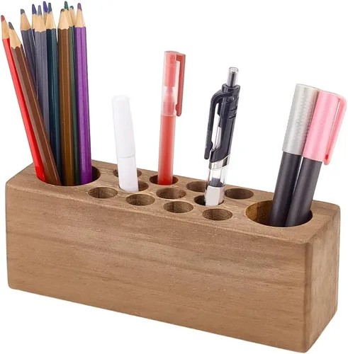 PH PandaHall Portalápices de madera para escritorio, organizador de pinceles de 13 agujeros, soporte de estilo rústico, para oficina, estudio,