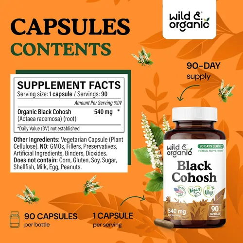Miniatura 3 de Wild & Organic Cápsulas de cohosh negro de 540 mg - Suplementos de menopausia para mujeres - Cohosh negro para mujeres - Hierba Actaea Racemosa - 90