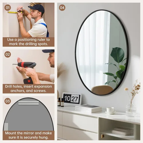 Miniatura 6 de Espejo ovalado negro para baño, espejo de baño ovalado de 22 x 30 pulgadas con marco de metal cepillado, espejo de tocador decorativo montado