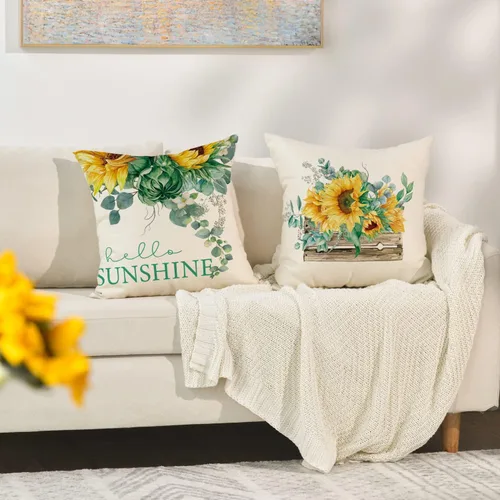 Miniatura 4 de AVOIN colorlife Juego de 4 fundas de almohada con diseño de girasol en acuarela, 16 x 16 pulgadas, con hojas de eucalipto, para verano, fiestas