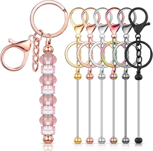 Huwena 6 piezas de llaveros con cuentas, barras en blanco, llavero de cuentas de metal para colgante, manualidades, joyería, regalo Varios colores