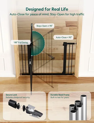 Miniatura 6 de BABELIO Puerta para bebé de 36 pulgadas de alto, puerta para mascotas de cierre automático de 26 a 40 pulgadas de ancho, puerta de metal para perros