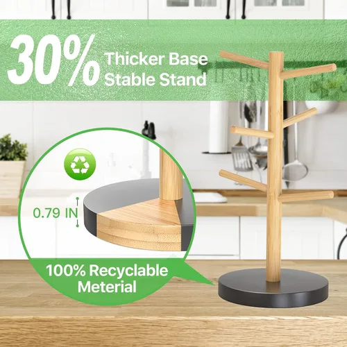 Miniatura 6 de Wisuce Soporte de bambú para tazas, base más gruesa, soporte para taza de café para mostrador, estante para tazas con 6 ganchos Base negra