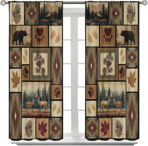 Miniatura 2 de Cortinas rústicas de alce y ciervo, estilo rústico, alce, ciervo, cabaña, cabaña, alce, pino, estilo rural, estilo rural, cortina opaca