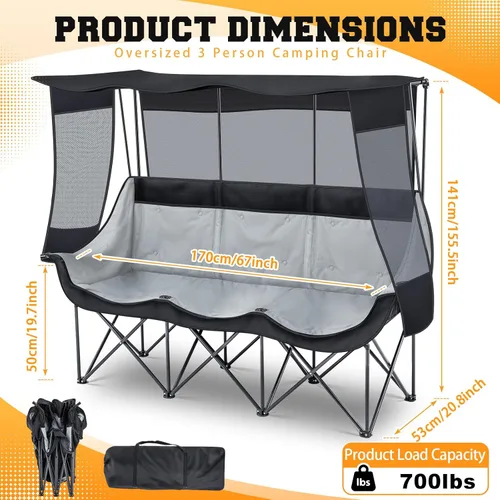 Miniatura 2 de Teenyyou Silla de camping para 3 personas con toldo – Máxima protección solar UV, silla de playa de gran tamaño resistente de 700 libras, sofá Negro