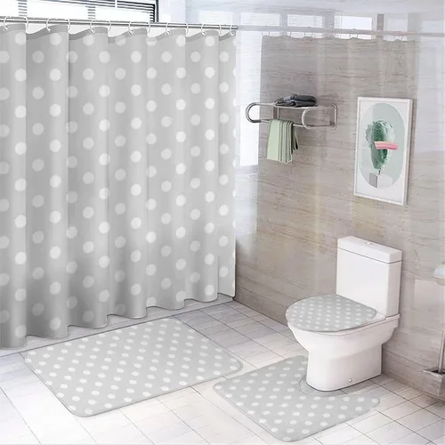 Miniatura 41 de Juego de 3 alfombras de baño con diseño de lunares, color azul aguamarina, antideslizante, con contorno en forma de U y tapa de inodoro