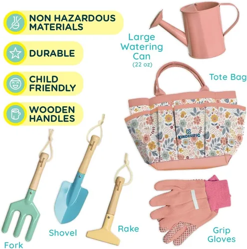 Miniatura 4 de Juego de jardinería, kit de herramientas, para niños, STEM, incluye bolsa de mano, pala, regadera, rastrillo, tenedor, paleta y guantes (Petal)