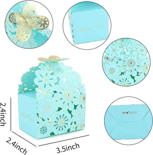 Miniatura 5 de Kslong 50 cajas de dulces huecas con diseño de flores y mariposas, cajas de regalo para galletas, regalos románticos de boda, bonita caja de Azul