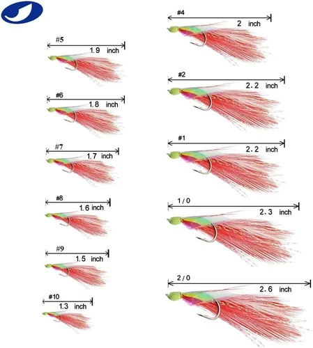 Miniatura 2 de Ocean CAT - Aparejos de pesca, 10 paquetes de 6 ganchos/juego de plumas blancas y rojas de piel de pez de agua salada, anzuelos de pesca de agua