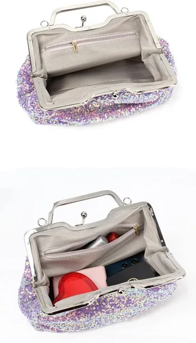 Miniatura 4 de Mini bolso de noche con lentejuelas con purpurina para mujer, bolso de mano de metal con asa superior, correa de cadena, bolso cruzado