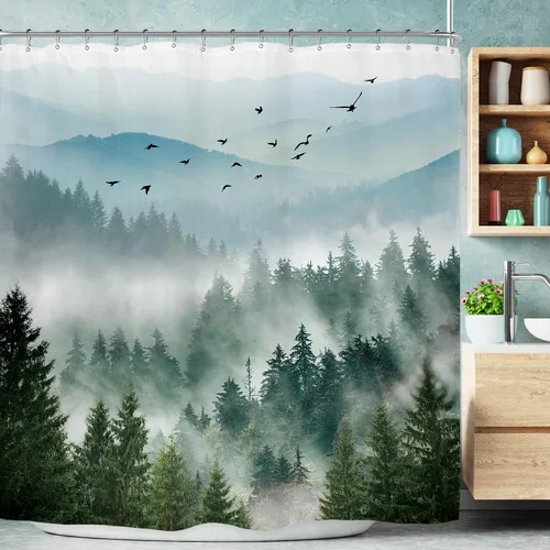 Miniatura 36 de Riyidecor - Cortina de ducha para baño pequeño de montaña, 36 pulgadas de ancho x 72 pulgadas de alto, verde, para RV, temática rústica, naturaleza
