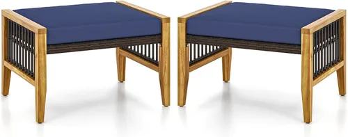 Miniatura 10 de Tangkula Otomanas de ratán de 2 piezas, reposapiés de mimbre para exteriores con asas de madera de acacia, cojines suaves con cremallera, asiento