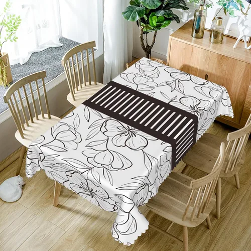 Miniatura 5 de Mantel rectangular floral de 52 x 70 pulgadas, color blanco y negro, estampado floral, a prueba de derrames y aceite, para cocina, comedor
