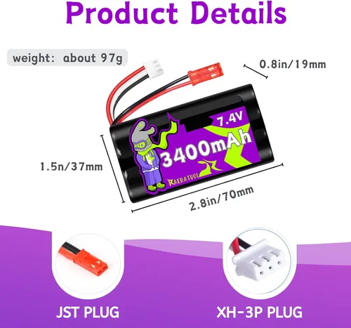 Miniatura 3 de 2 baterías recargables de iones de litio de 7.4 V 3400 mAh JST Plug (rojo) para ciertos controles remotos Speed Truggy RC Boat Drone Airsoft Water
