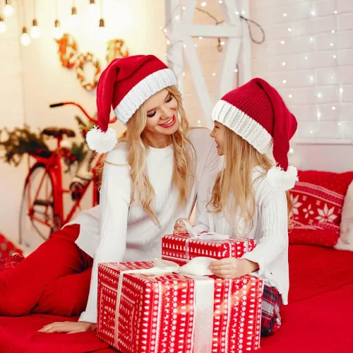 Miniatura 5 de DIYDEC Paquete de 2 sombreros de Papá Noel, gorro de Navidad rojo de Papá Noel para adultos y niños, cálido gorro de Navidad para Navidad