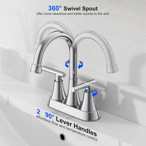 Miniatura 3 de Hurran - Grifos de baño para lavabo de 3 agujeros, grifo de lavabo de baño cromado de 4 pulgadas con desagüe emergente y mangueras de suministro
