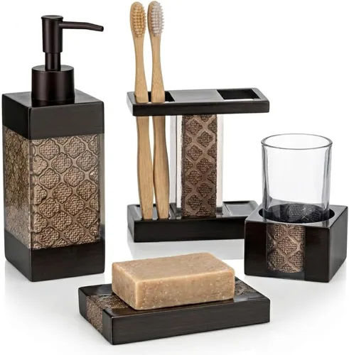 Creative Scents Dahlia - Juego completo de accesorios de baño de 4 piezas, color marrón, decoración de baño de resina de lujo, incluye dispensador