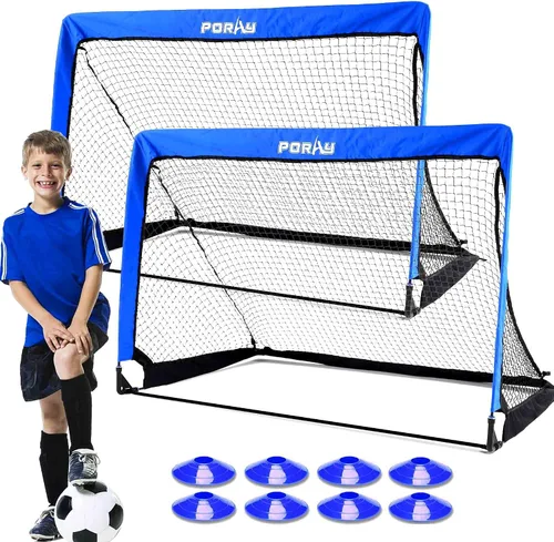 Portería de fútbol portátil de Poray con red emergente para niños y adultos con tela Oxford de 210D y estacas extra, regalo de cumpleaños y Azul
