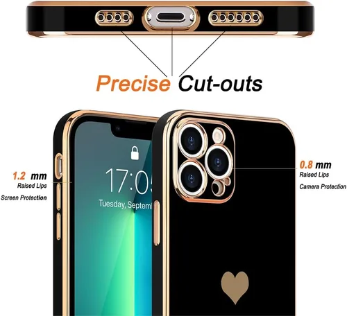 Miniatura 3 de Teageo Funda para iPhone 13 Pro para mujeres y niñas, diseño de corazón de amor, cubierta trasera suave, protección completa de la cámara, Negro