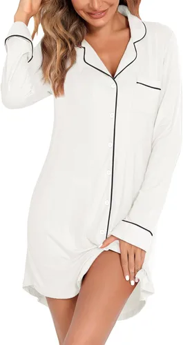 Miniatura 65 de Samring Camisón de pijama para mujer, manga corta/larga, con botones, camisón para dormir, camisón para novio, talla XXL