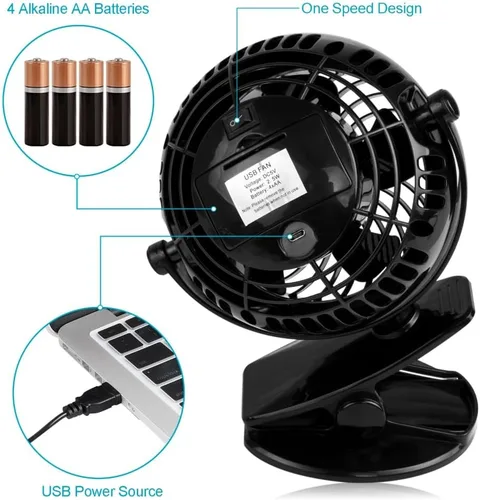 Miniatura 10 de Gazeled Ventilador de clip a batería, rotación de 360°, con 8 pilas AA gratis, ventilador silencioso USB o a batería, ventilador de clip portátil