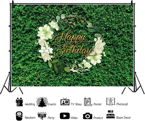 Miniatura 3 de AOFOTO Fondo de pared de cumpleaños de 7 x 5 pies para mujer, hojas verdes, hierba, flores blancas, jardín de primavera, naturaleza, fotografía