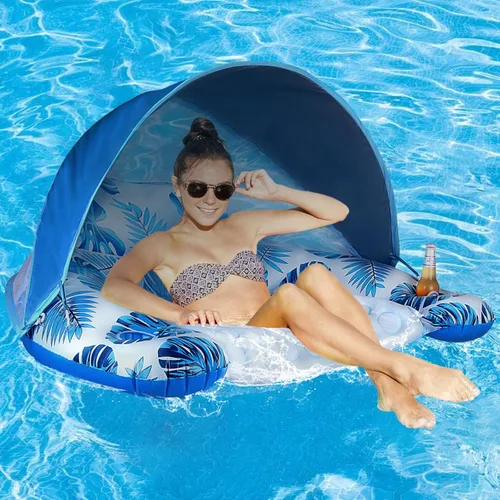 Miniatura 8 de COOLCOOLDEE Flotador de piscina con toldo y portavasos - Flotador de silla de piscina XL con cubierta de parasol ajustable, portavasos, respaldo Azul